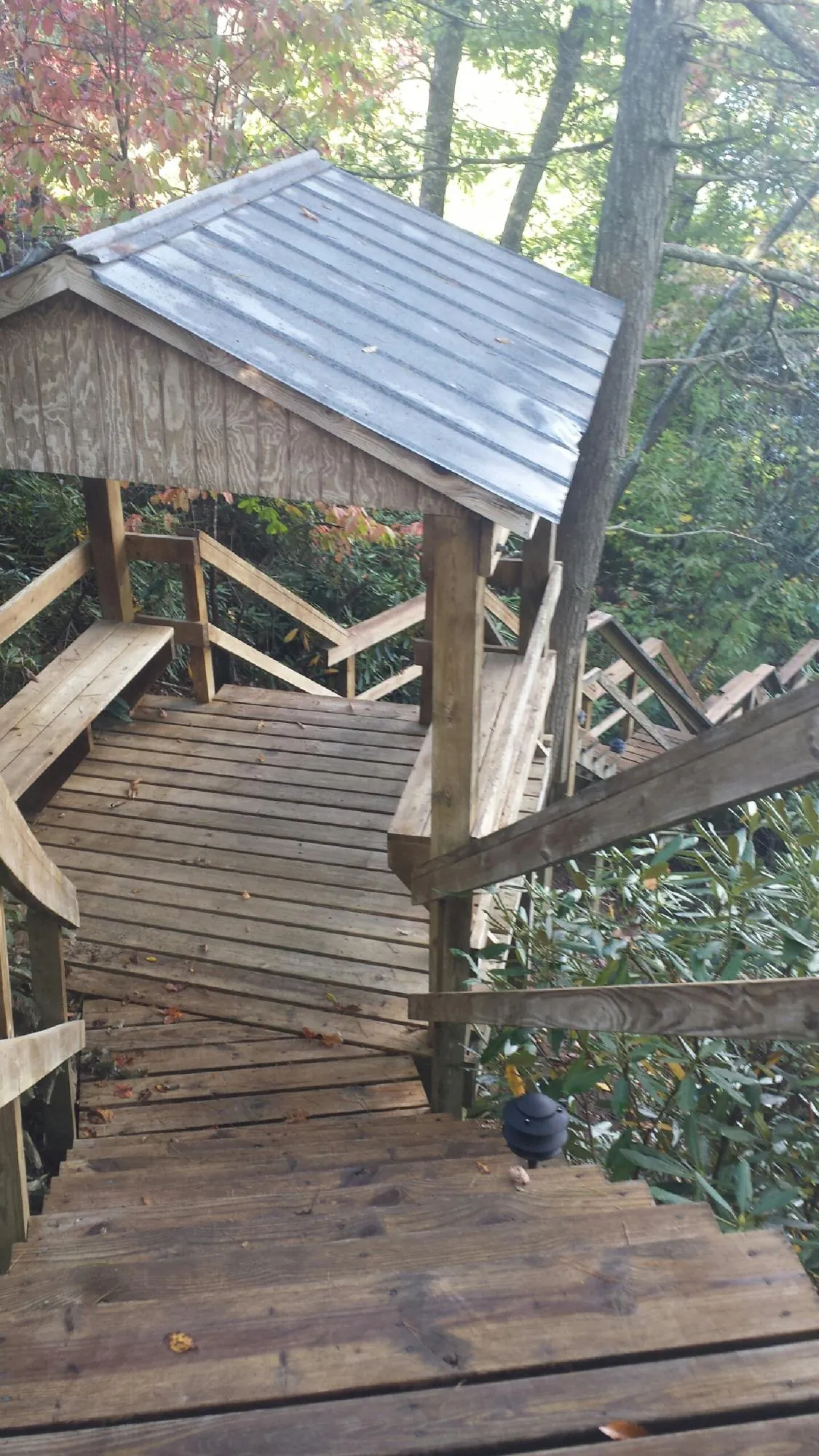Metal roofed shelter over wooden steps on a wooded walkway — Skylight Repair & Installation work by our crew in Central City